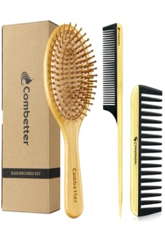 Combetter Bamboo Hair Brush and Comb Set, Massage Scalp Detangling Hairbrush for Hair Growth, Bakelite Durable Anti Static Wide-Tooth Comb & Rat Tail Comb for Women, Men, Kid - Image 1